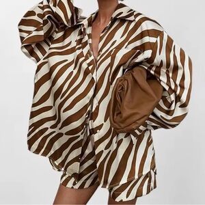 Brown & White Zebra Print Shirt & Shorts .